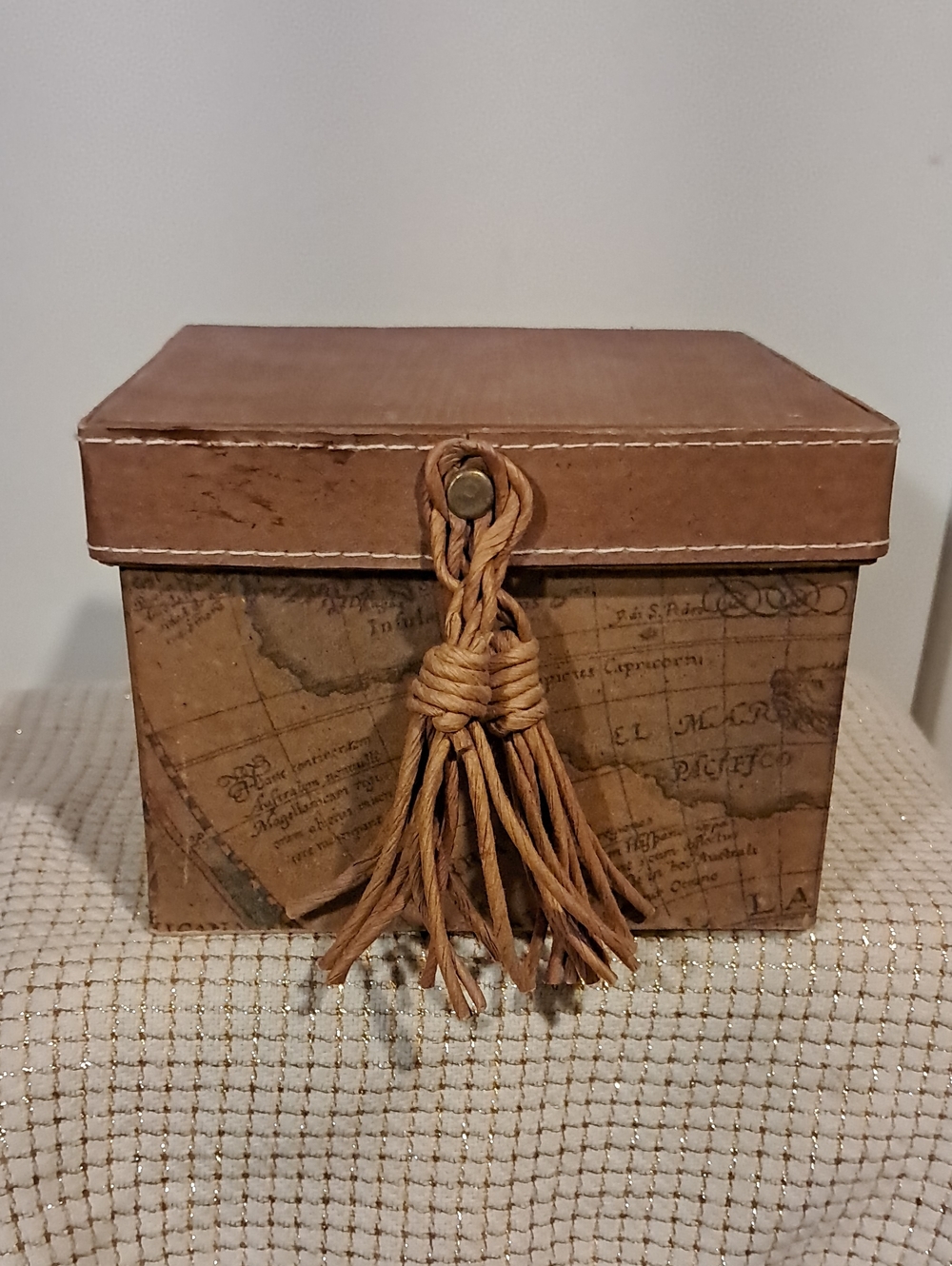 Handmade Brown Vintage Map Decorative Storage Box with Tassel